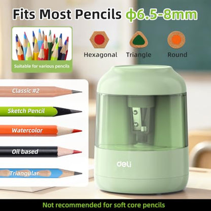 deli Electric Pencil Sharpener, Battery Operated, 6.5–8mm for Classroom | Battery Electric Pencil Sharpener, Durable Blade 5000+ Sharpen, Fits 6.5-8mm Pencils Classroom Kids Home - color: Green