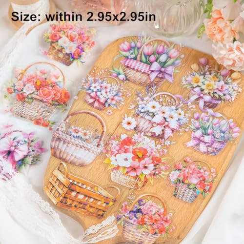 Floral Basket Holographic PET Sticker Set, 72Pcs Vintage Flower Stickers for Scrapbooking, Journaling, Junk Journal Supplies, and DIY Crafts - color: Flower Picking