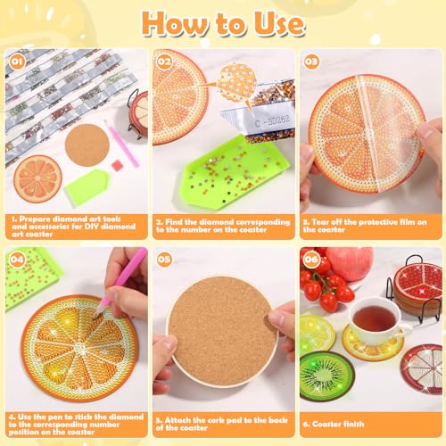 Billbotk 12 Pieces Diamond Art Painting Coasters Kit with Holder, Diamond Art Coasters, DIY Diamond Crafts Projects, Diamond Dot Kits for Adults and Beginners(Fruit Style)