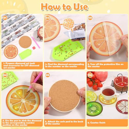 Billbotk 12 Pieces Diamond Art Painting Coasters Kit with Holder, Diamond Art Coasters, DIY Diamond Crafts Projects, Diamond Dot Kits for Adults and Beginners(Fruit Style)