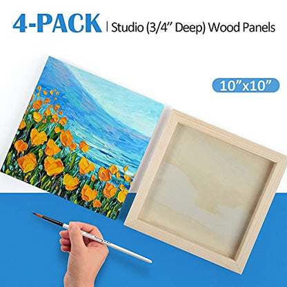 4 Pack 10x10’’ Unfinished Birch Wood Panels Kit for Painting | Studio 3/4’’ Deep Wooden Canvas, Cradle Boards for Acrylic Pouring, Art, Crafts, Epoxy Resin, Laser Engraving Cutting - size: 10'' x 10'' Studio