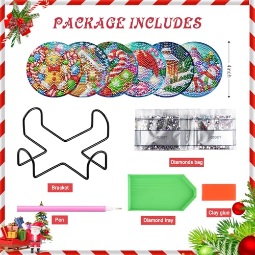 Zynlio Christmas Diamond Paintings Coasters Kits Set with Holder, Christmas Diamond Art, DIY Diamond Crafts Coasters for Adults, Diamond Art Painting Kits for Women, Beginners, Diamond Craft Supplies - color: christmas