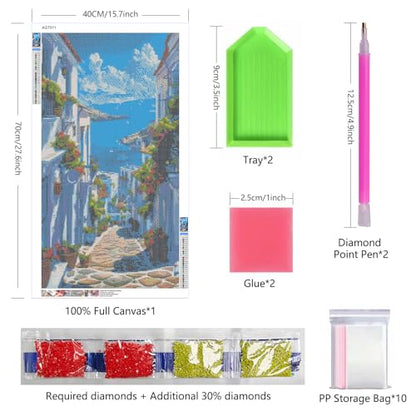 ARTGOTO Coastal Village Diamond Painting Kit for Adults 15.7 x 27.5 Inch | Large 5D Full Square Drill Diamond Art Kit, Mediterranean Ocean DIY Gem Art Canvas with 2 Tool Sets, 30% Extra Diamonds - color: AGT011