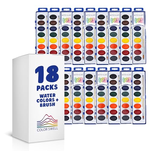 Color Swell 8 Color Bulk Watercolors with Wood Brushes, 18 Pack - size: 18 Count | 8 Colors