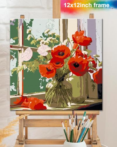 TOCARE Framed Paint by Numbers Kit for Adults Beginners, 12x12inch Red Flower Paint by Number with Frame,Easy Window Flowers Poppies Paint by Numbers Framed Canvas (Without Easel) - color: TC-F-219