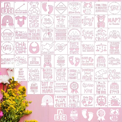 Baby Shower Onesie Stencils for Painting - 65 Pcs Small Baby Shower Reusable Stencils for Painting for Canvas Decoration, Cute Panda Cow Cat Painting Templates DIY Home Walls Fabric Decorations - style: Baby Shower
