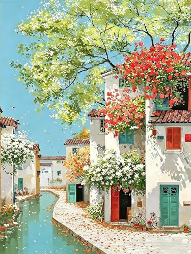 Accompany Wind Town Scenery Diamond Art Kits for Adults, 5D Landscape Diamond Painting Kits for Beginners,DIY Round Full Drill Diamonds Gem Art Crafts for Home Wall Decor Gifts 12x16 Inch - color: Watertown