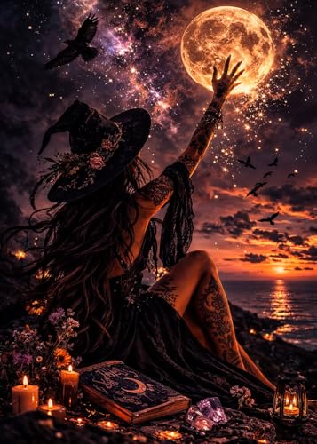 Halloween Witch Moon Diamond Art Kits for Adults, 5D Diamond Painting Kits for Adults Beginners, DIY Full Round Drill Diamond Dot Painting Gem Art Kits for Adult, Home Wall Decor 11.8x15.7 Inch - color: NZ62