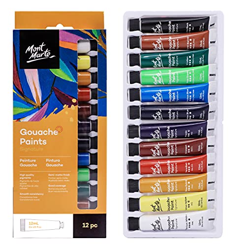 Mont Marte Signature Gouache Paint, 12 x 0.4oz (12ml), Semi-Matte Finish, 12 Colors, Suitable for use with Canvas, Watercolor Paper, Watercolor Paints and Mixed Media - size: 12 Colors (0.4 fl oz per color)