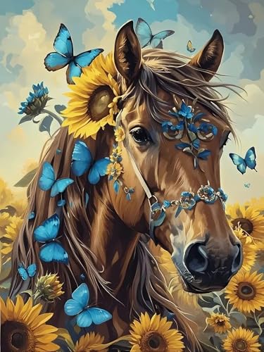 askkqtx Horse Diamond Art Kits for Adults Beginnners 12X16 Inch | Butterfly Sunflowers Diamond Painting Kits for Adult, DIY 5D Full Drill Crystal Rhinestone Gem Art Craft for Home Wall Decor - color: G7456