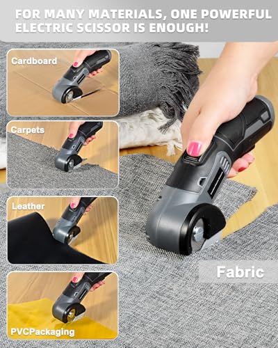 4V Cordless Electric Scissors, Lightweight Rotary Cutter with 2 Blades & USB Charging, for Cardboard Fabric Leather Carpet Plastic Rope Cutting, Safety Lock for Home DIY Craft Use