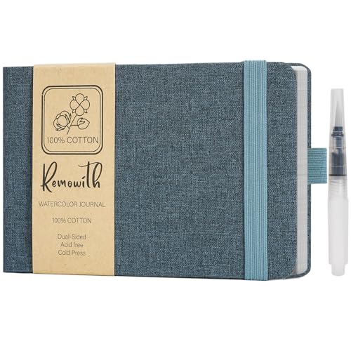 Watercolor Journal Sketchbook 5.5x8.2 24 Sheets Navy Blue | Cotton paper, 140 LB 300 GSM, Linen cover, Tap Water Pen, Travel sketching - color: Navy Blue, size: 5.5x 8.2 Inch