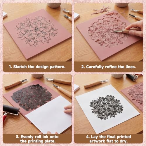 FunooFuno 11.75'' x 11.75'' 2 Pack Pink Rubber Linoleum Carving Blocks for Printmaking, 0.24'' Thick Linocut Soft Rubber Carving Block for Stamp Making Supplies Craft Materials DIY Artists Beginner - size: 11.75 x 11.75 inch