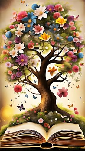 ARTGOTO Book Tree Diamond Painting Kit for Adults 15.7 x 27.5 Inch | Large 5D Full Square Drill Diamond Art Kit, Flower Tree Open Book DIY Gem Art Canvas with 2 Tool Sets, 30% Extra Diamonds - color: AGT008