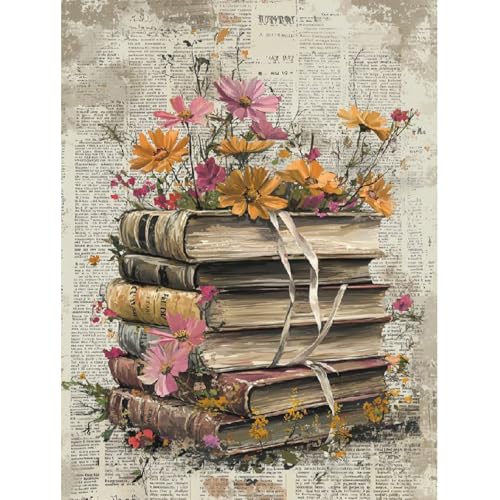 askkqtx Vintage Books Diamond Art Kits for Adults 12x16 Inch | Flowers Diamond Painting Kits for Beginners, DIY 5D Round Full Drill Crystal Rhinestone Dots Gem Art Craft Home Decor - color: G9264
