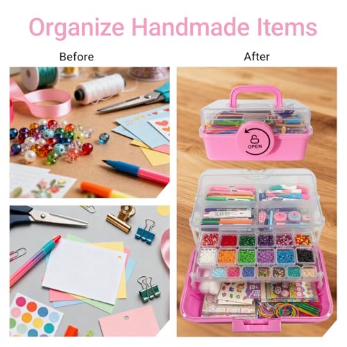 3-Layer Craft Organizer with 18 Small & 8 Mini Compartments,Pink