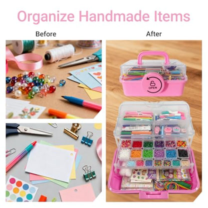 3-Layer Craft Organizer with 18 Small & 8 Mini Compartments,Pink