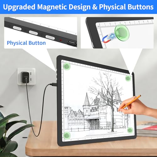 LEACUBER A3 Tracing Light Box with Bag, Magnetic Diamond Art Light Board with Side Buttons, Super Bright Light Pad for Diamond Painting, Corded Light Table for Sketching, Drawing, Weeding Vinyl - size: A3 with Carry Bag