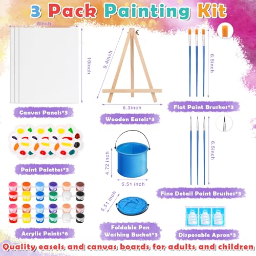 Flasoo 3-in-1 Painting Kit for Adults – 3 Canvases 8x10 in, 3 Wood Easels, Acrylic Paint, Brushes, Palettes, Folding Water Cups – Art Supplies for Paint Night, Birthday Party, Creative Gift - color: colorful-3pack