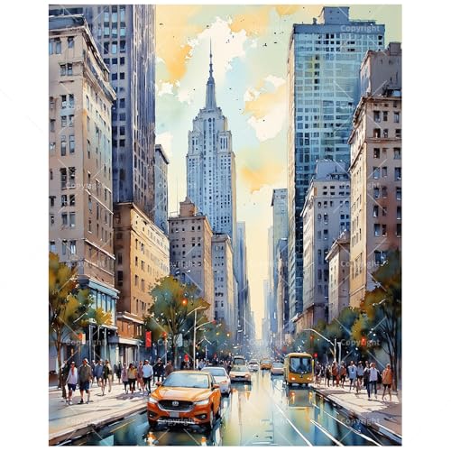New York Cityscape Paint by Numbers Kit for Adults - DIY Urban Street with Empire State Building Painting on Canvas, Acrylic Paint Set for Beginners, Home Decoration Art or Gifts(12X16IN Framed) - color: HSX00061, size: 12X16IN Framed