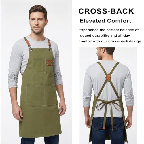 ZOMAO Chef Apron for Women Men with Large Pockets, Cotton Canvas Cross Back Waterproof Work Aprons for Kitchen Cooking Bib - color: Greygreen