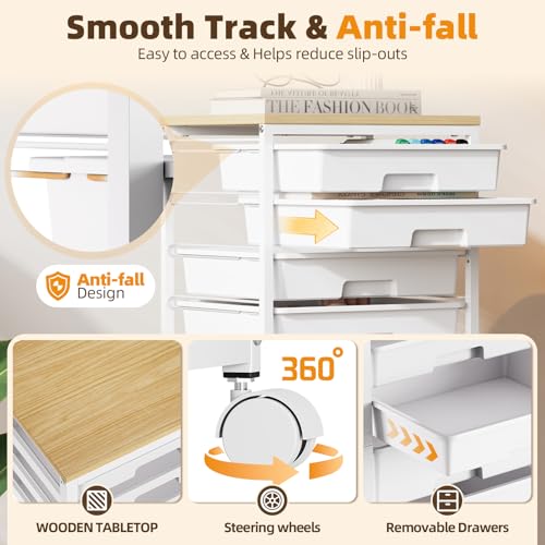 SYKIARIOL Rolling Storage Cart with 10 Drawers,White | Craft Cart with 3 Big Drawers + 7 Small Drawers,Teacher Storage Cart with Wooden Tabletop for School,Office and Home