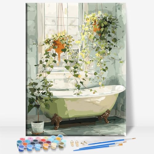 Aeontinity Bathroom Green Plants Space Framed Canvas DIY Paint by Numbers Kit Bar Cafe Cave Home Room Wall Bathroom Porch Patio Decor Gift, 16 x 12 Inch - color: BATHROOM GREEN PLANTS