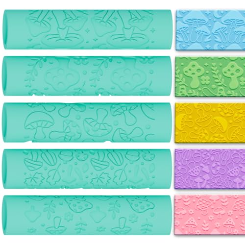 ACRNIGHEET 5 Pcs Polymer Clay Texture Roller, Mushroom Themed Embossing Rollers Pottery Stamp, Like Texture Sheets Work with Polymer Clay Cutters, Clays Jewelry Making Kit with Storage Box - color: Mushroon