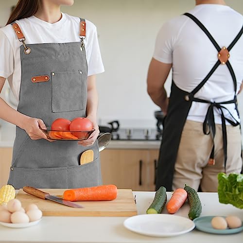 Aoomzoon Canvas Aprons for Men Chef Apron, Work Apron with Large Pockets - 16oz Heavy Duty Cross Back, BBQ, Cooking - color: Gray