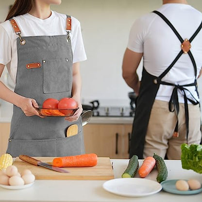 Aoomzoon Canvas Aprons for Men Chef Apron, Work Apron with Large Pockets - 16oz Heavy Duty Cross Back, BBQ, Cooking - color: Gray