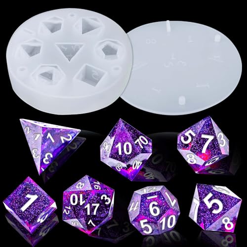 Juome Dice Resin Molds Silicone, DND Dice Silicone Molds for Epoxy Resin | Resin Mold with 7 Standard Stereoscopic Dice Cavities, Resin Mold for DIY Dices Making, Table Board Game Dice Lovers Gift