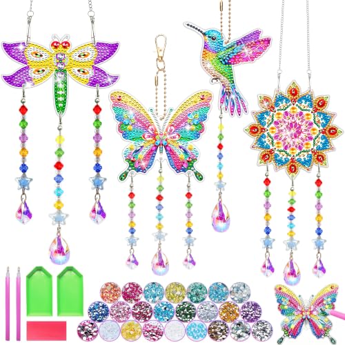Diamond Art Kits for Kids/Adults, 4Pcs DIY Crafts for Kids Ages 8-12 | Diamond Painting Kits for Girls 8-12, DIY Suncatchers Wind Chimes, Birthday Gifts for 6-12 Year Old Girl, Home Garden Decor - color: Dongwu-4