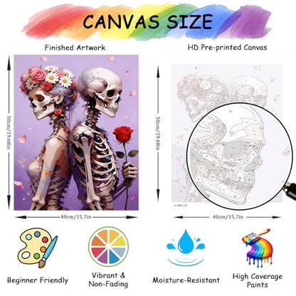 TFIAVSIN Romantic Skeleton Couple Paint by Numbers Kit for Adults, Beautiful Art with Roses and Flower Crown, Adult Paint by Number Kits on Pre-Printed Canvas for DIY Arts & Crafts - 16x20 Inch - color: Skeleton