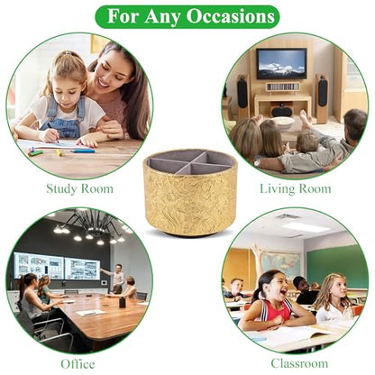 Round Leather Art Supply Organizer,Remote Control Holder,360 Degree Spinning,Multi-Functional Pencil Holder,4 Compartments Desktop Stationary Organizer(1-Carved Gold) - color: 1-Carved Gold