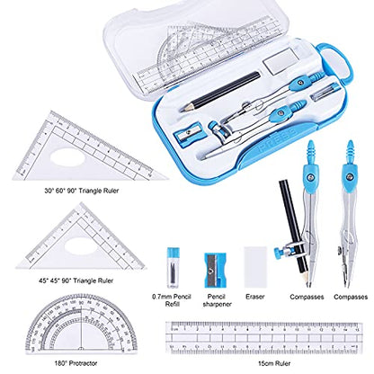 Math Geometry Kit Set 10 Pieces with Shatterproof Storage Box, Student Supplies Drawing Compass Includes Protractor, Rulers, Compass, Pencil Sharpener, Lead Refills, Pencil, Eraser(Blue)