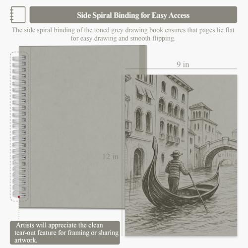 SuFly Gray Sketchbook 9" x 12" - 60 Sheets Spiral Bound Sketch Book, 85lb/130gsm Drawing Paper Pad for Graphite, Charcoal, Colored Pencils and Gel Pens. - color: Toned Gray, size: 9-x-12-inch:1 Pack