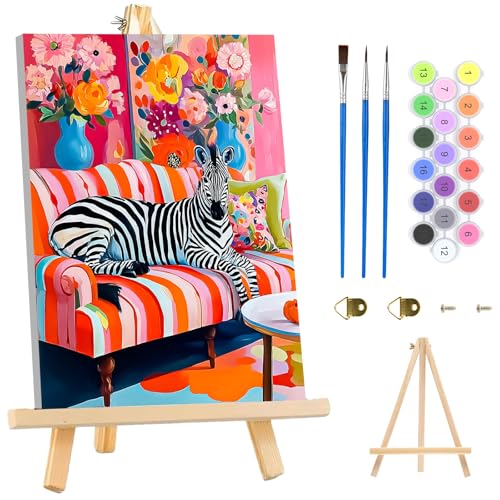 MAXBYE Paint By Numbers Kit for Adults with Frame and Wooden Easel, Zibra Sitting on a Sofa Acrylic Simple Oil Painting Kits for Beginners Gift Home Wall Garden Decor Any Festival 10×14 in - color: ZL057
