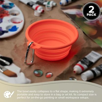 Silver Brush Limited Silver Essentials Paintbrush Water Bowl, 400ml/13.5oz | 2 Pack, Watercolor, Watermedia, Round, Reusable Artist Water Cup, Collapsible, With Carabiner Clip, Leak-proof, Silicone - size: 400ml