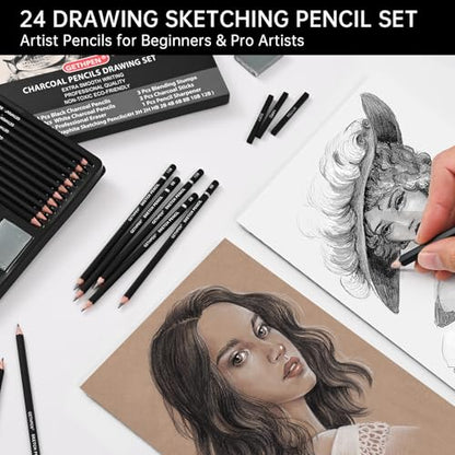 GETHPEN Drawing Sketching Pencil Set, Graphite Pencils (12B-4H), 24Pcs | Art Pencil Kit, Black and White Charcoal Pencils, Stumps, Eraser, Sharpeners, Sketching, Shading, Sketch Set for Artists