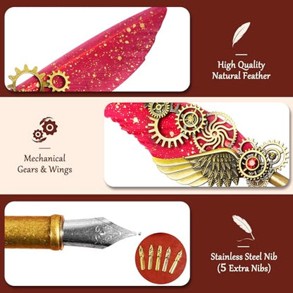 Feather Quill Pen and Ink Set,Calligraphy Set with Leather Journal Notebook | Feather Pen,5 Gold Nibs,Pen Holder,Ink,Antique Calligraphy Kits for Beginners Christmas Gift - color: Red