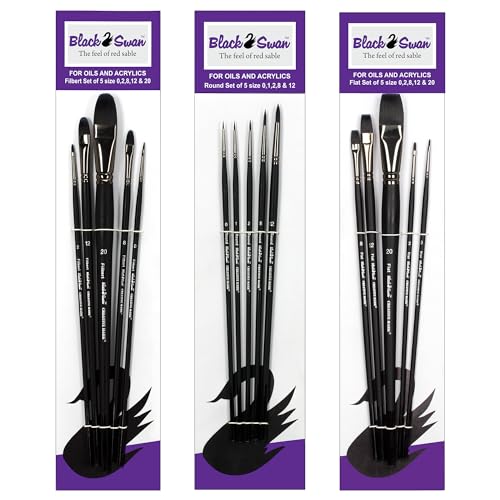 Black Swan Synthetic Red Sable Paint Brushes Set of 15 - Long Handle Paint Brushes in Assorted Shapes and Sizes for Oils, Heavy Body Media and Acrylics