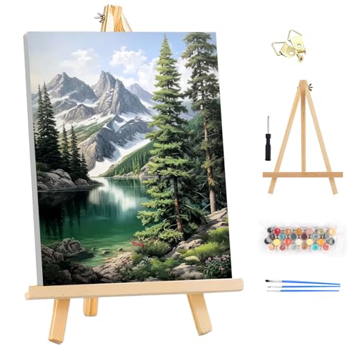 EOBROMD Framed Paint by Numbers Kits for Adults with Wooden Easel, Landscape Mountain DIY Kits Crafts for Beginner on Stretched Canvas, 3 Brushes and Acrylic Paint for Home Decor 10x14 Inch - color: LG059