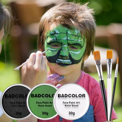 White Black Green Face Body Paint with Painting Brushes Halloween Makeup Set, Water Based Facepaint for Kids Adults Party for Witch Shrek Alien Grinch Hulk Costume Cosplay Special Effects Make Up - color: Black+White+Green+3Pcs Brushes