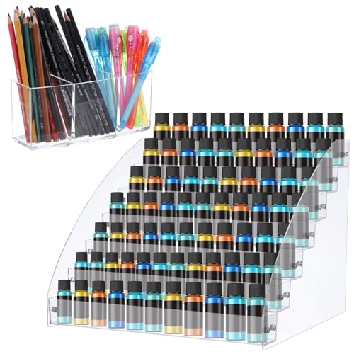 7-Tier Acrylic Paint Organizer, 3-Slot Pen Holder Art Supply Storage Rack