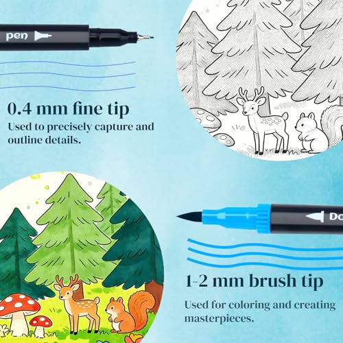 60 Colors Dual Tip Brush Pens, Fine Point & Flexible Brush for Watercolor Painting, Calligraphy & Markers for Adult Coloring Books, Artist Markers Set with Carrying Case