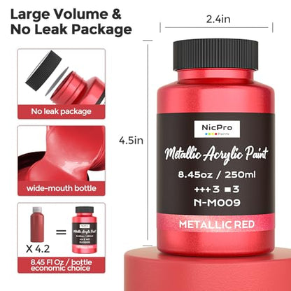 Nicpro Metallic Red Acrylic Paint, 8.45oz/250ml Large Metallic Paint | Non Toxic, Non Fading Craft Paints for Metal, Wood, Clay, Fabric, Canvas, Furniture, Handcrafts, Art Supplies - color: Metallic Red, size: 8.45 Fl Oz (Pack of 1)