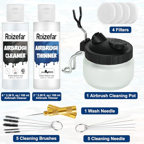 Roizefar Airbrush Cleaning Kit, Airbrush Cleaning Pot with 6 Airbrush Cleaner and 2 Thinner Airbrush Kit with Compressor, 55 PSI Non-Clogging Air Brush Painting Set Perfect for Painting, Modeling