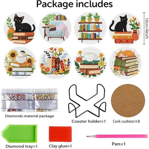 gganmtere 8 PCS Cat Diamond Painting Coasters Kits Set,Books Diamond Coaster with Holder,5D DIY Full Drill Adult Diamond Art Present - color: JXBD97