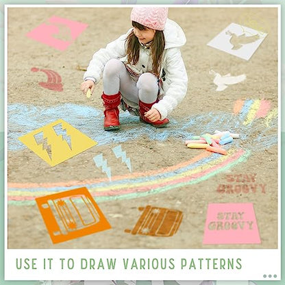 Henoyso 24 Pcs Boho Groovy Peace Stencil for Kids 8 Inch Reusable Templates | Plastic, Drawing Painting Templates, Heart, Rainbow, Love Peace, Yellow, Pink, Wood Paper Scrapbook, Wedding DIY Art Crafts - style: Peace Style