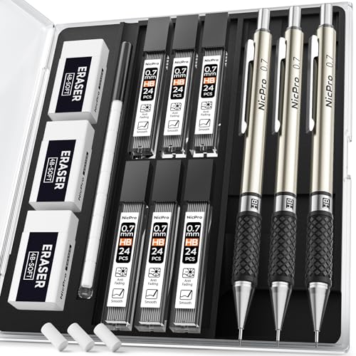 Nicpro 0.7 mm Art Mechanical Pencil Set in Storage Case, 3 PCS | Metal Drafting Pencil Lead Pencil+6 Tube HB Lead Refill, 12 Eraser, Comfort Grip For School Writing, Artist Drawing Sketching - style: 3 Pack (0.7mm)